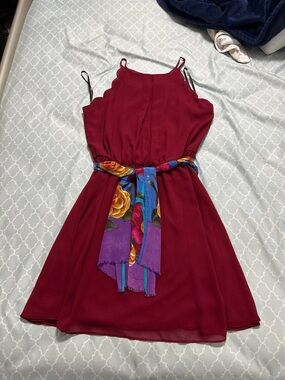Burgundy Spaghetti Strap Dress with Floral Sash Size L (Fits M)
